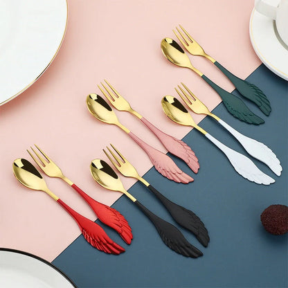 304 stainless steel angel wing spoon and fork set in various colors