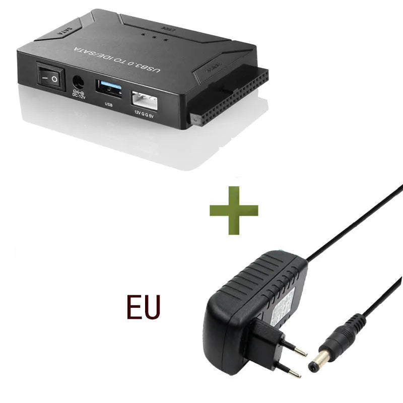 USB to IDE and SATA hard disk adapter with power supply and cables for desktop drive connectivity