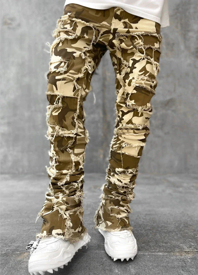 Stylish patched men's jeans with tight, stacked fit and variety of vibrant color options