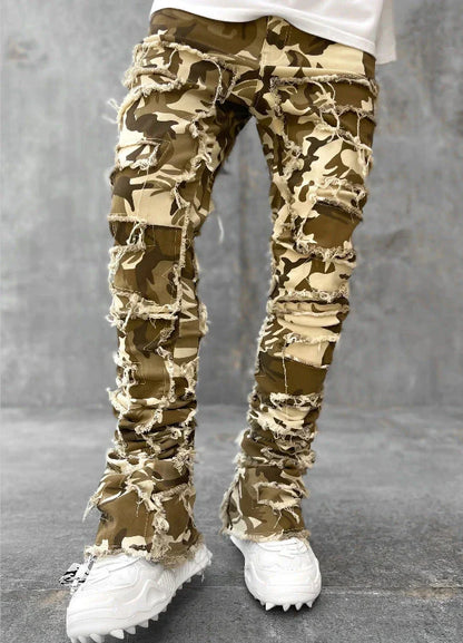 Stylish patched men's jeans with tight, stacked fit and variety of vibrant color options