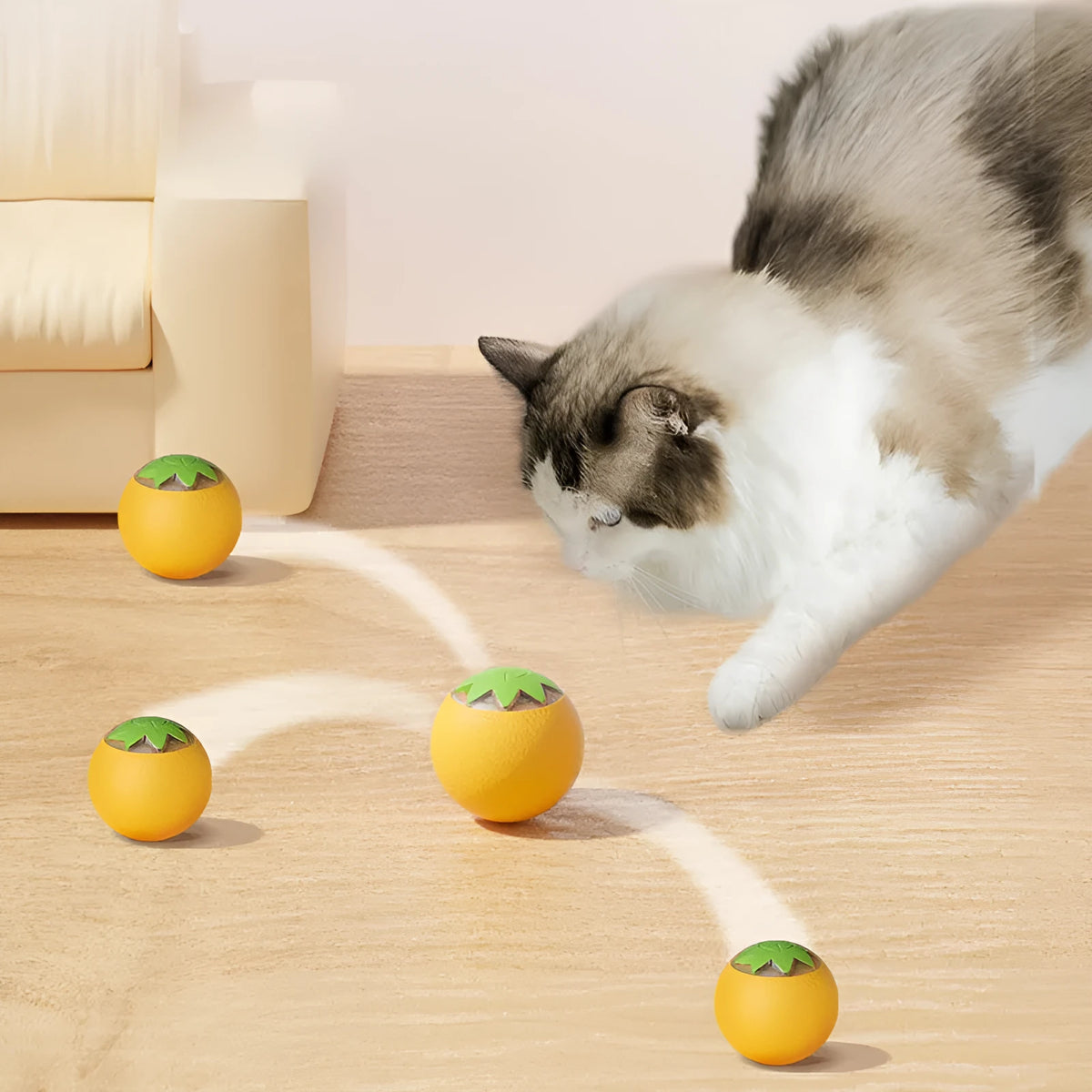 Green automatic rotating ball pet toy for dogs and cats on indoor flooring