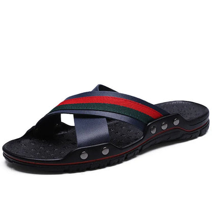 Men's cowhide flip-flops with non-slip PU sole in black, blue, or white, showing UK sizes 38-48 for beach and home use
