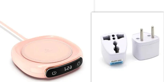 White USB coffee mug warmer heating pad on wooden desk
