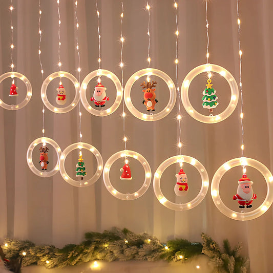 USB Christmas LED light string showing circular, letter light, and six-piece electronic decorative models