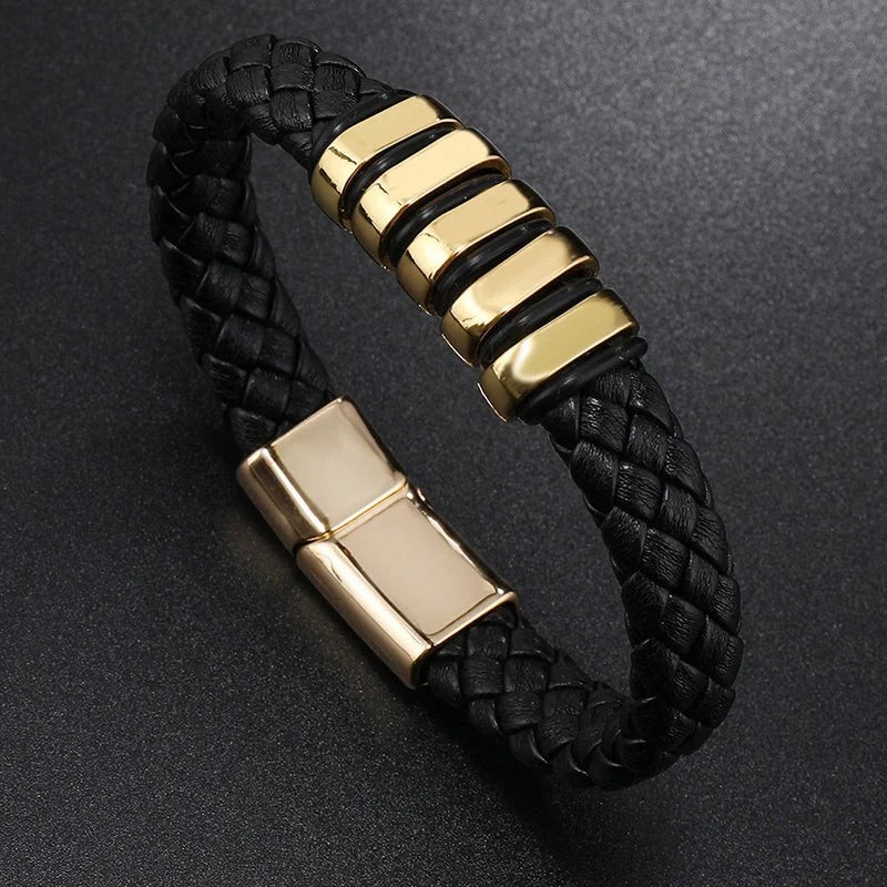 Stylish multi-layer leather woven bracelet in black, gold, white, and black & golden colors