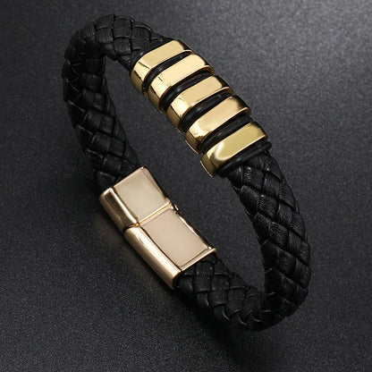 Stylish multi-layer leather woven bracelet in black, gold, white, and black & golden colors