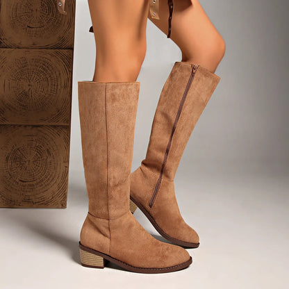 Women's slimming suede boots with side zipper, mid heel, pointed toe, cowhide upper, in khaki black brown.