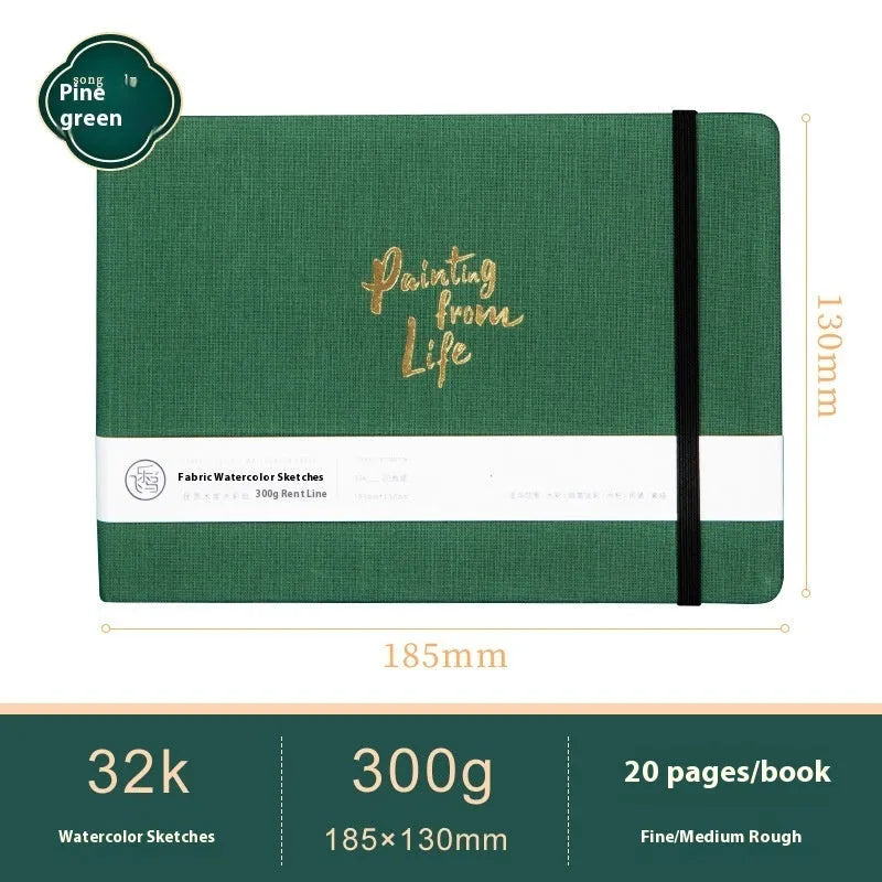 Feiluniao watercolour notebook with fabric cover, 185mm length, open to show paper for painting.