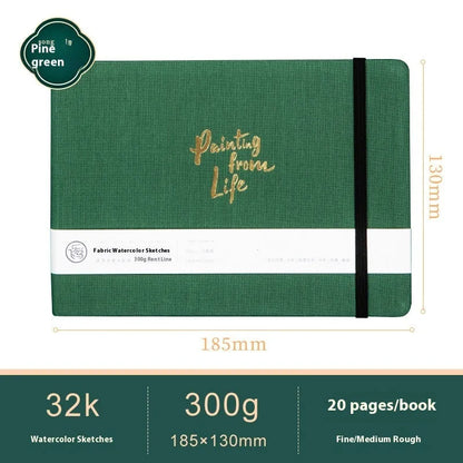 Feiluniao watercolour notebook with fabric cover, 185mm length, open to show paper for painting.