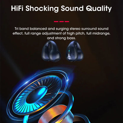 Bone conduction Bluetooth headset clip in black resting on ear with charging cable
