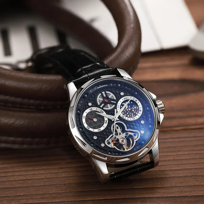 Men's automatic watch with luminous hands, 13mm thickness, available in black or white steel and leather strap options