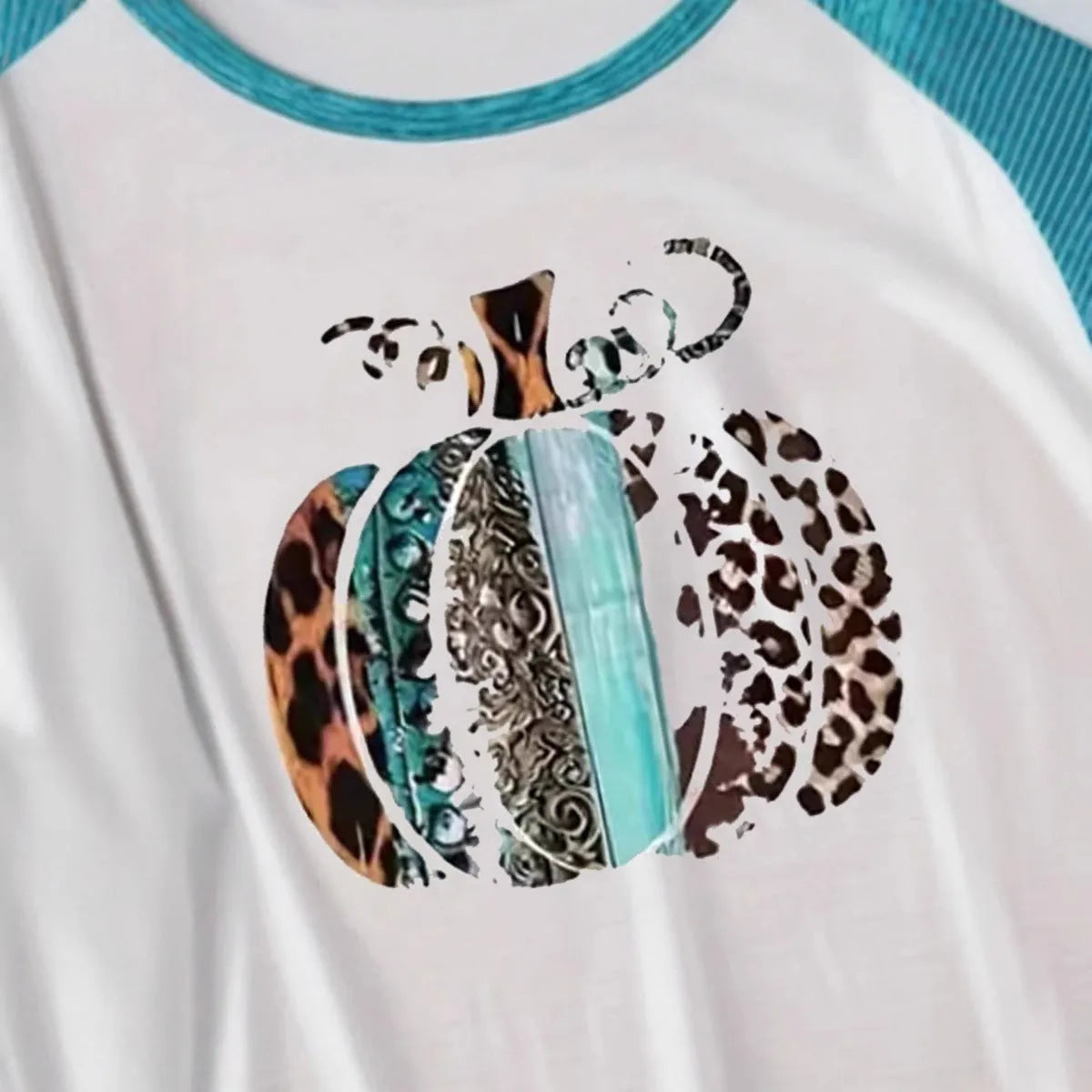 Sky blue Halloween pumpkin 3D printed polyester T-shirt with long sleeves
