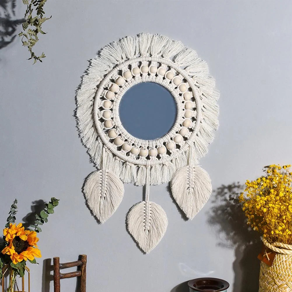 Hand-woven boho round wall mirror with cotton thread and wooden beads