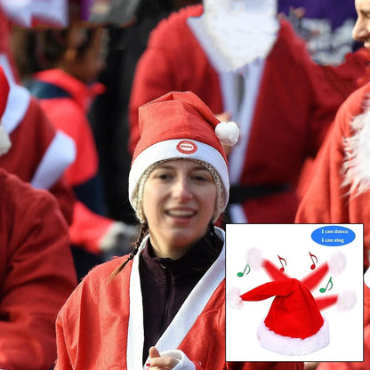 Red electric Christmas plush hat with swinging motion and battery music features