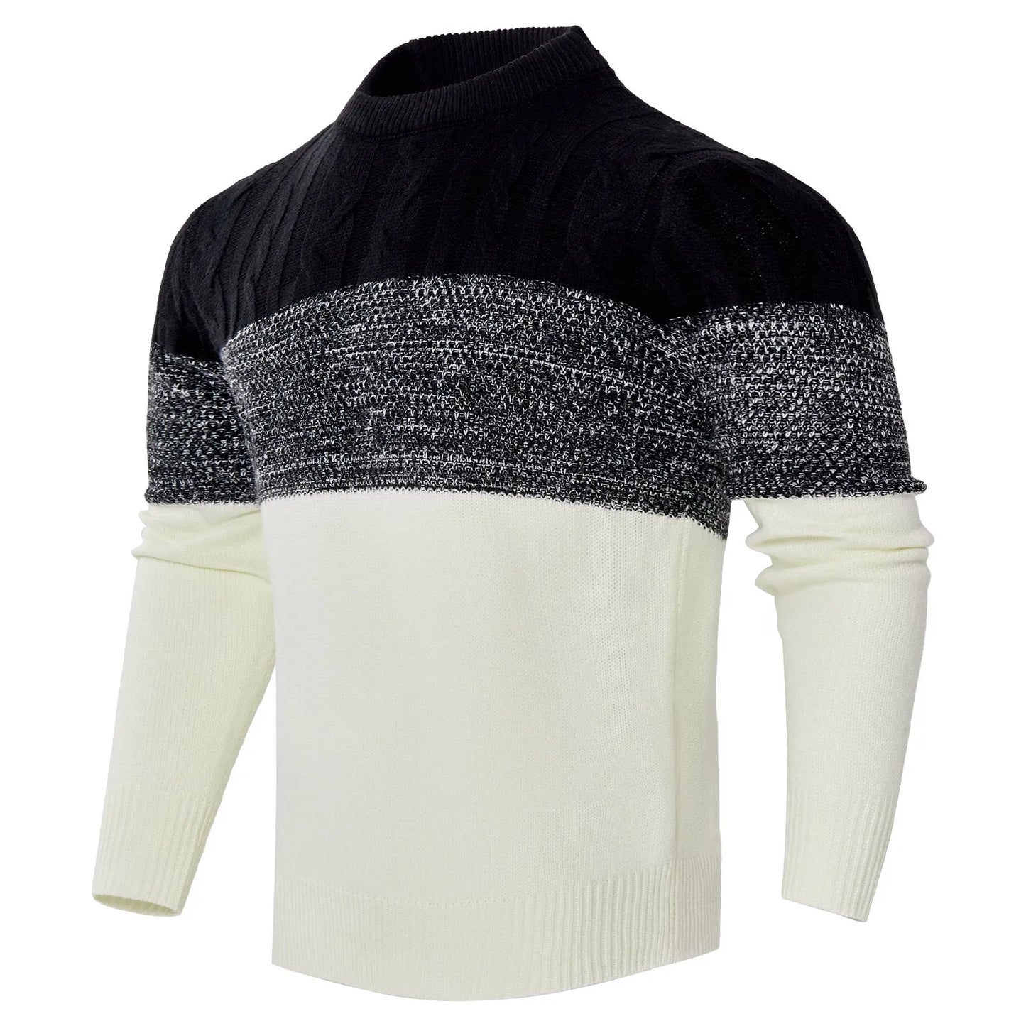 Men's grey cotton blend knitted pullover sweater with long sleeves on a hanger.