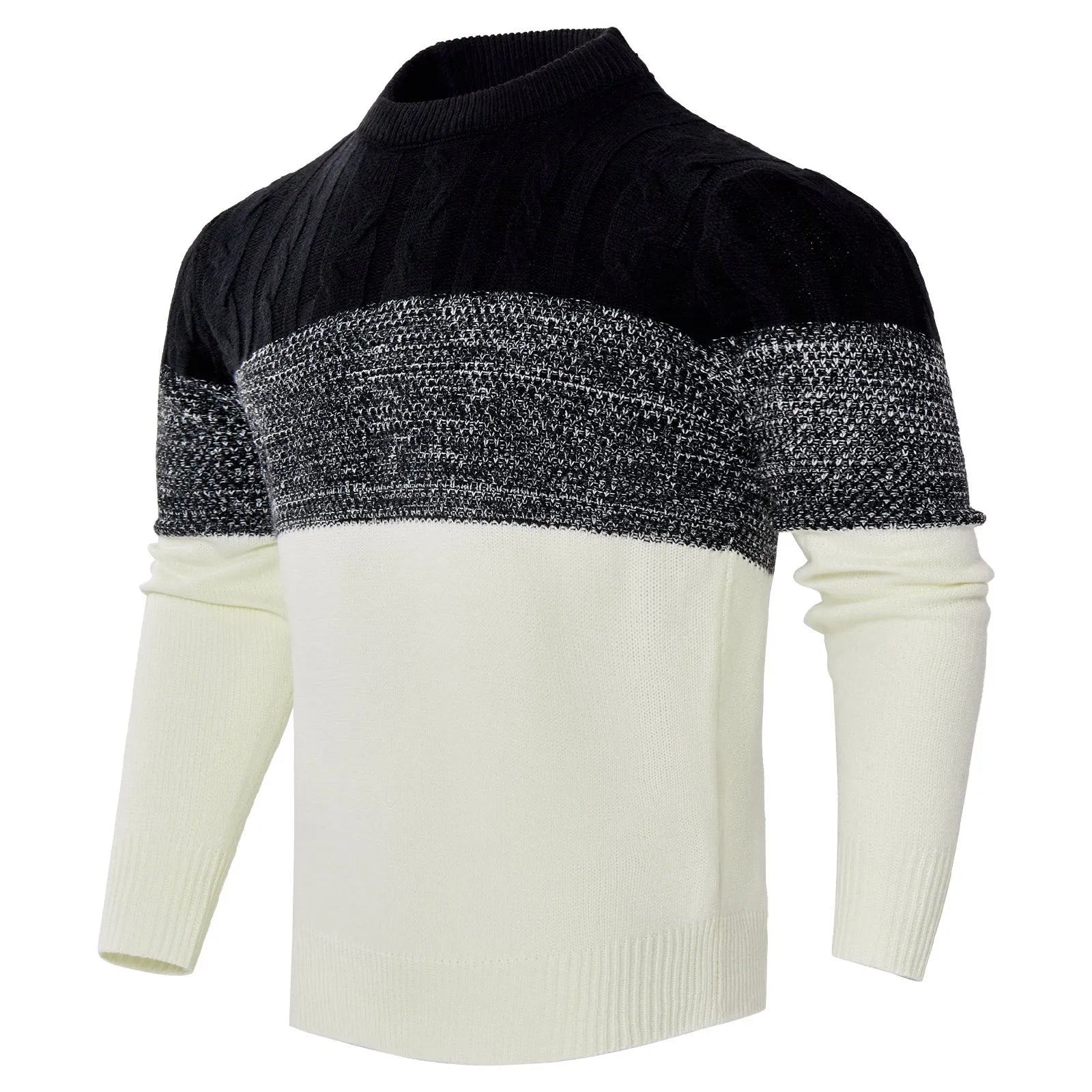 Men's grey cotton blend knitted pullover sweater with long sleeves on a hanger.