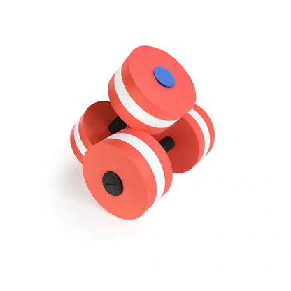 Pair of rose red EVA foam water aerobics dumbbells with 15cm diameter and snap-type connection