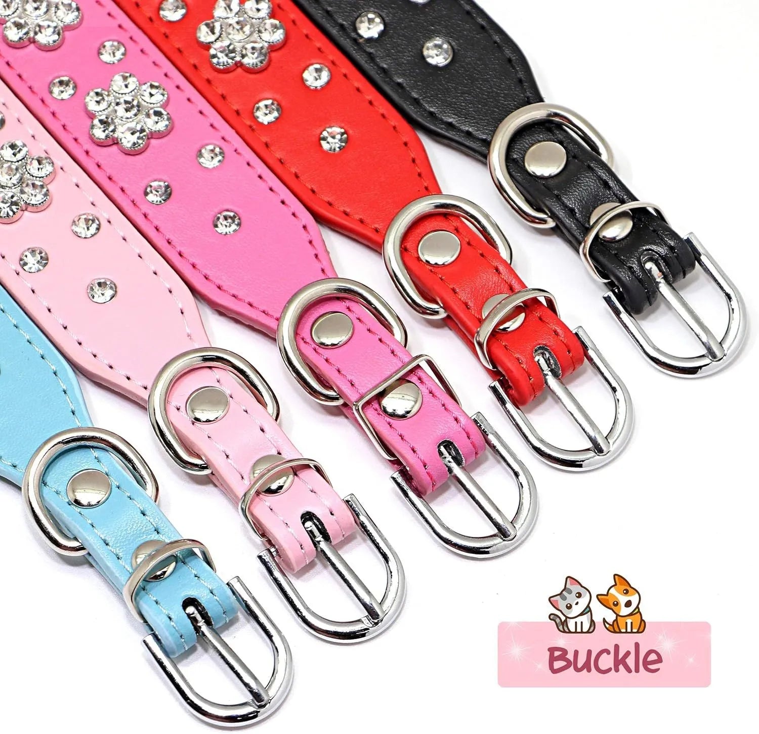 PU leather dog collar with rhinestone flower pattern and metal studs, adjustable for small and medium dogs
