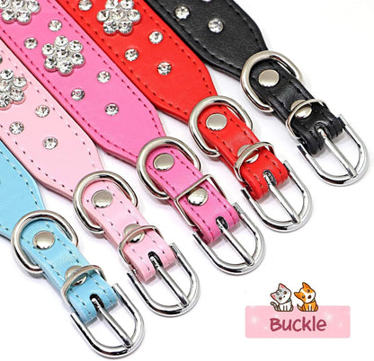 PU leather dog collar with rhinestone flower pattern and metal studs, adjustable for small and medium dogs