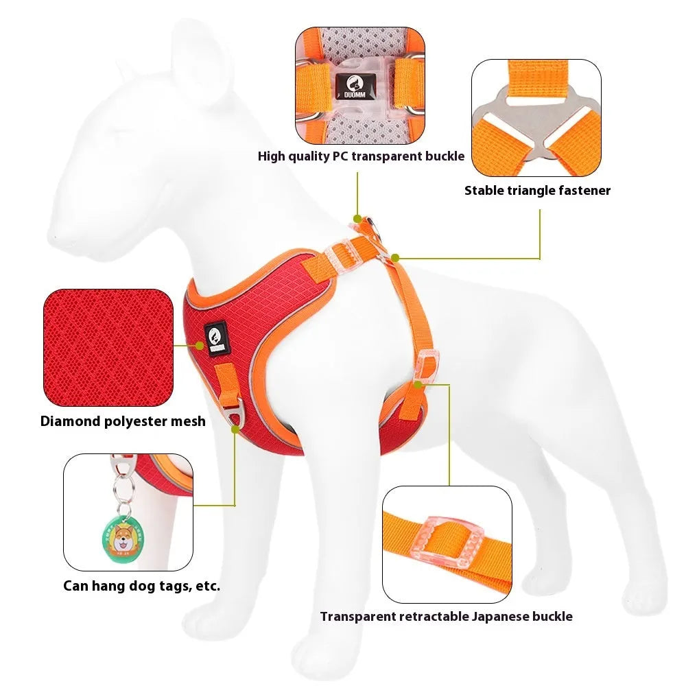 Adjustable mesh dog harness with reflective piping in black, red, gray, and light purple colours