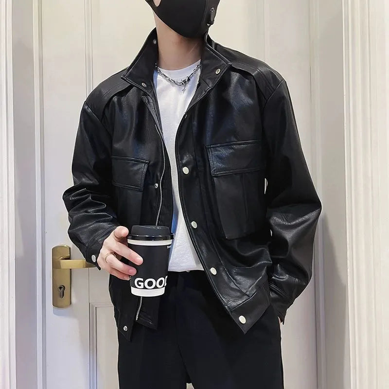 Men's black PU leather pilot jacket with side pockets and straight hem, Korean style.
