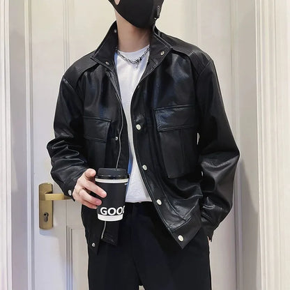 Men's black PU leather pilot jacket with side pockets and straight hem, Korean style.