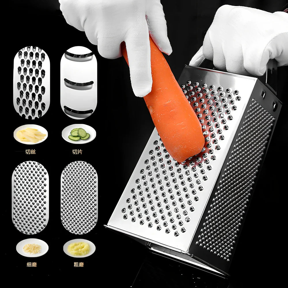 Stainless steel vertical grater with interchangeable plates and weighted base