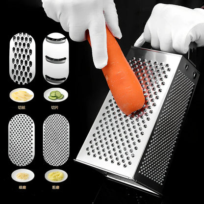 Stainless steel vertical grater with interchangeable plates and weighted base