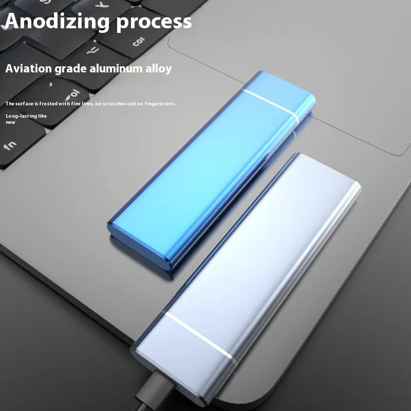 Sapphire blue portable solid state hard drive with metal case measuring 10.3cm