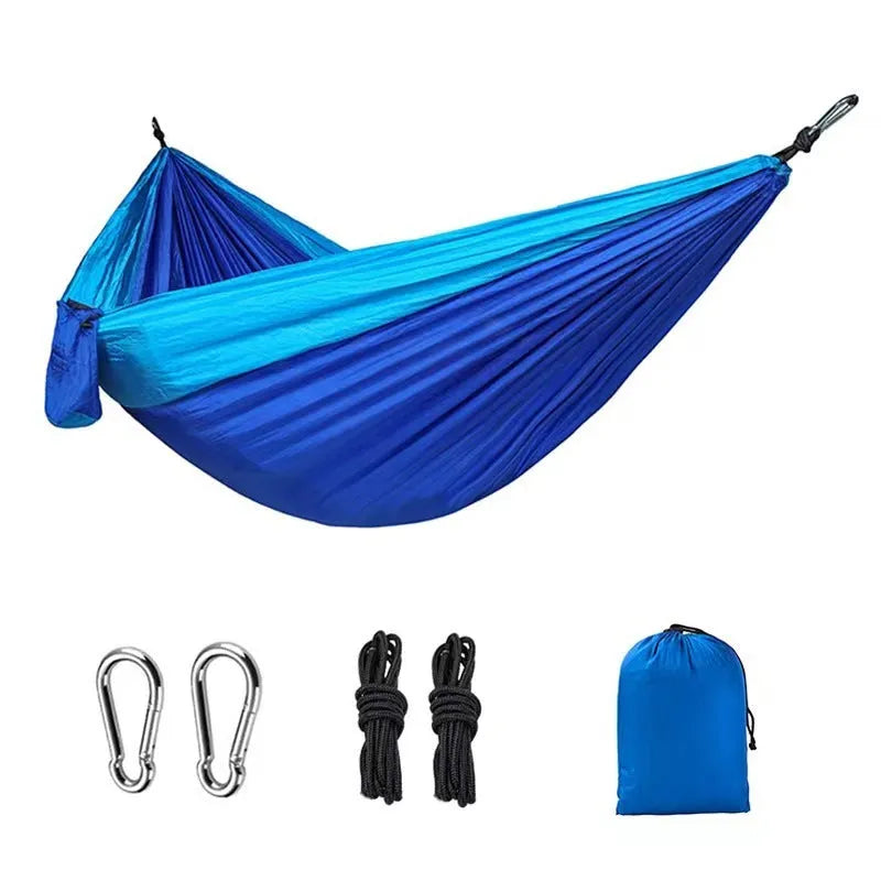 Outdoor camping hammock in sapphire blue colour showing 270cm length and 140cm width dimensions