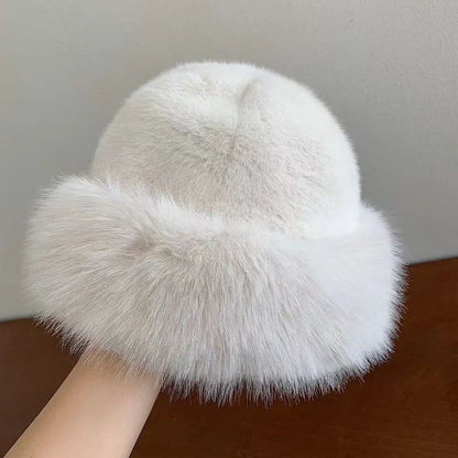 Plush Mongolian faux mink fur winter hat with dome top design in milky white colour