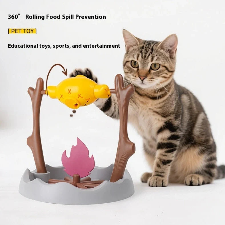 30x30x29cm cat toy with barbecue tumbling design and leakage food feeder mechanism made from ABS, PP and TPR materials