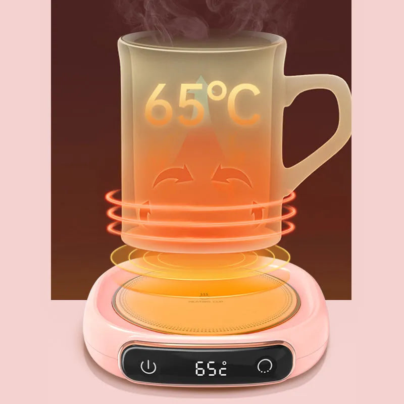 White USB coffee mug warmer heating pad on wooden desk