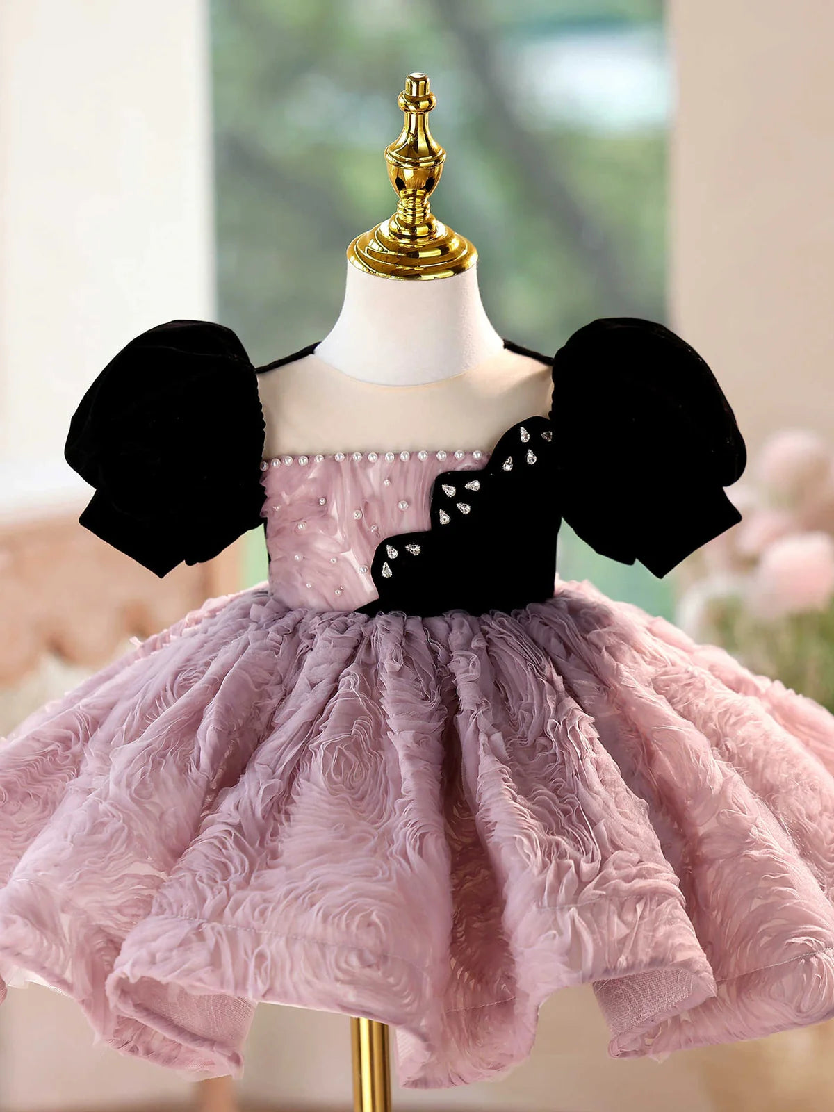 Girls' pink purple formal dress for piano performances with slim fit and round neck