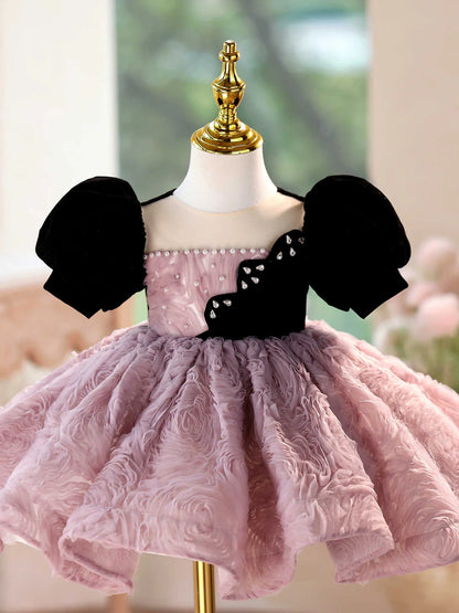 Girls' pink purple formal dress for piano performances with slim fit and round neck