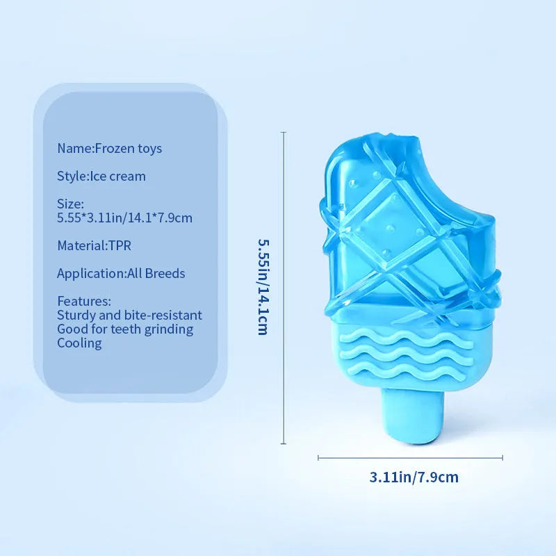 Three plastic dog toys: a blue pacifier, a red popsicle and an orange ring, designed to be filled with water and frozen.
