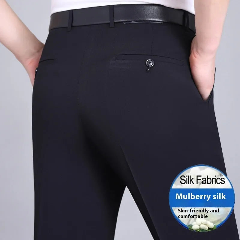Men's dark blue high-waisted straight-leg non-ironing trousers made from a silk blend fabric.
