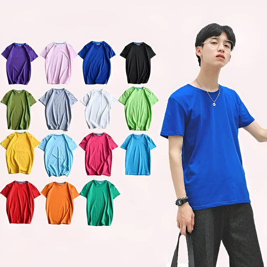 Men's solid colour cotton round neck T-shirt on a hanger, short sleeve casual style.