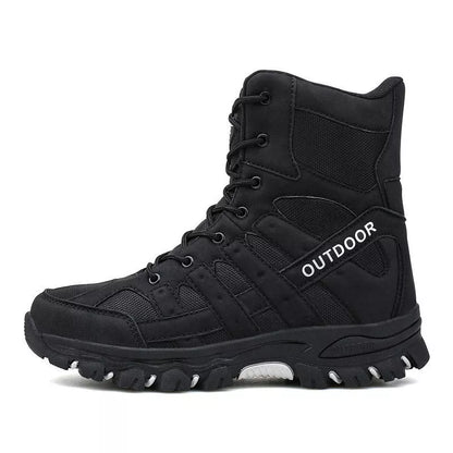 Men's high-top tactical boots in black, green, and grey with wear-resistant rubber outsoles