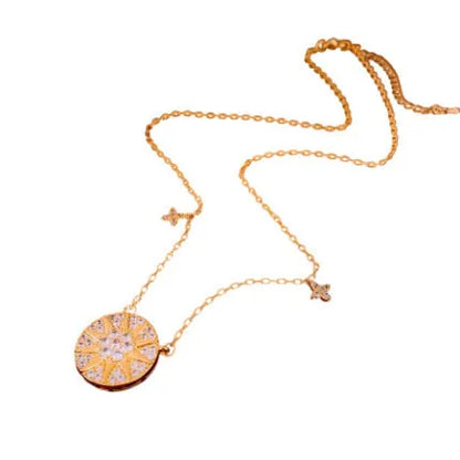 Gold round pendant clavicle necklace with inlaid zircon, geometric Chinese-style women's jewellery, 51-60cm chain