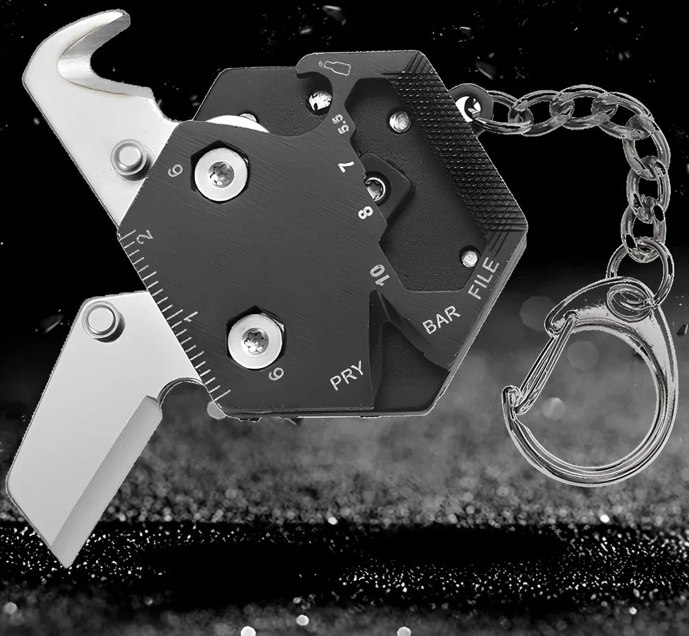 Black multifunctional hexagon keychain knife, 38mm x 13mm stainless steel tool with 2cm blade and key ring