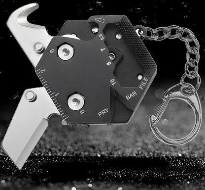 Black multifunctional hexagon keychain knife, 38mm x 13mm stainless steel tool with 2cm blade and key ring