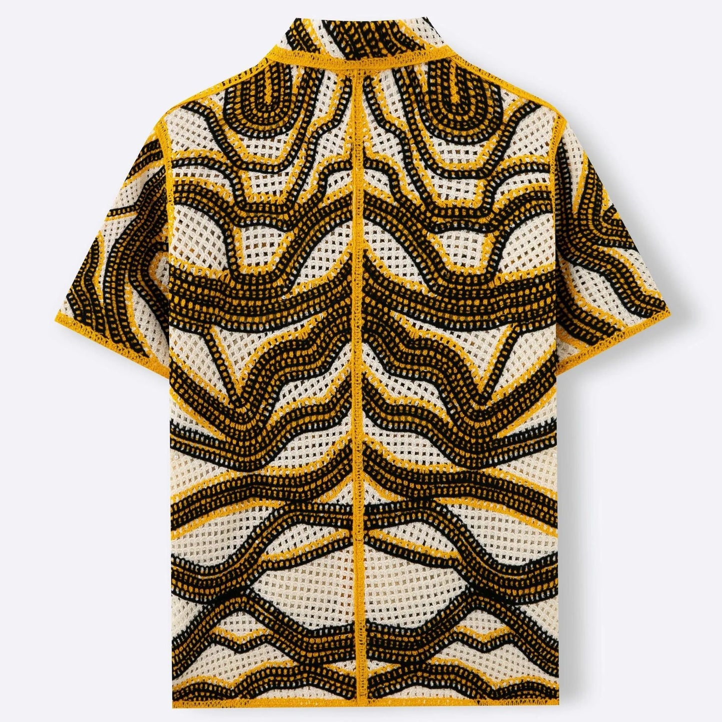 Khaki coloured short sleeve cardigan with retro stripes and textured flocking detail.