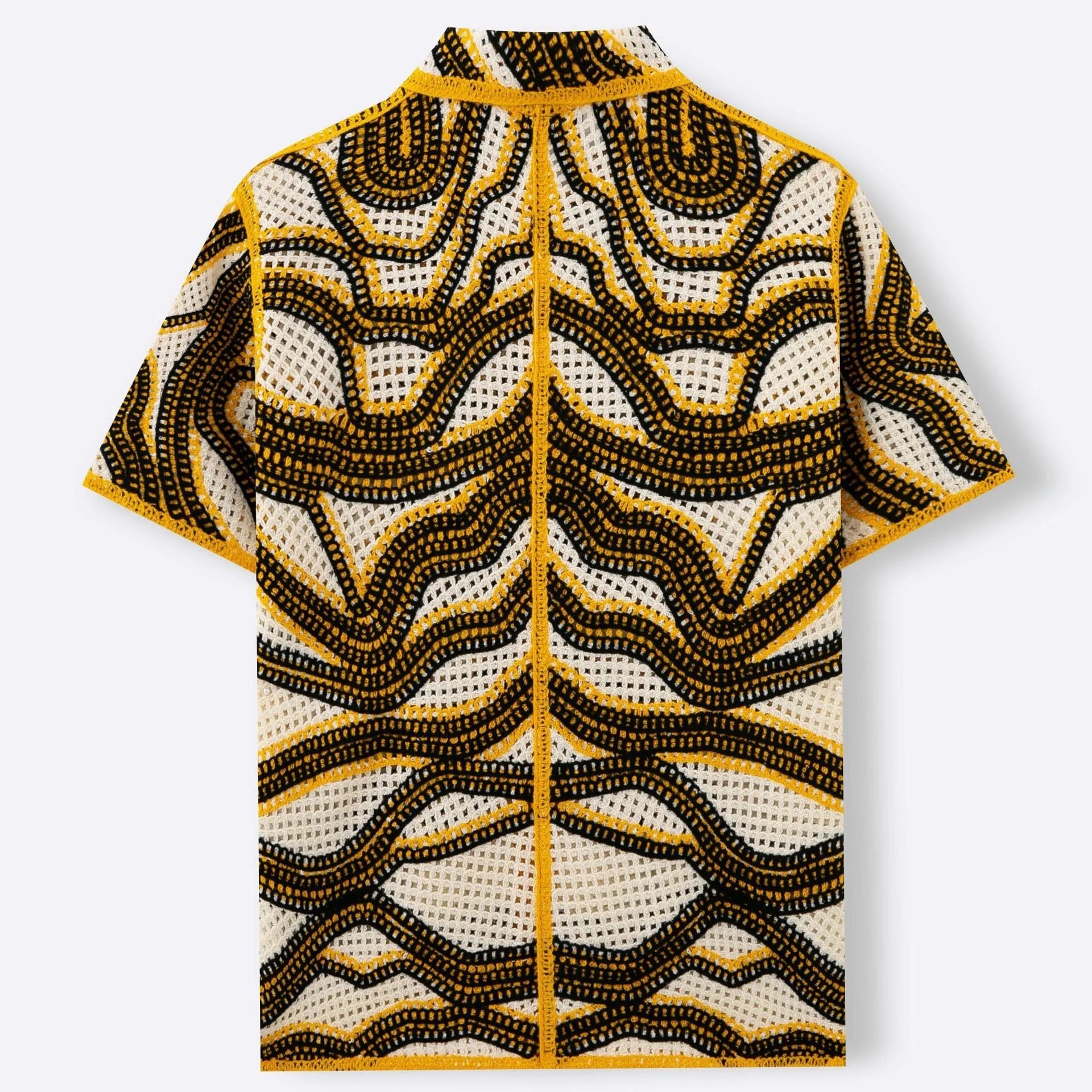 Khaki coloured short sleeve cardigan with retro stripes and textured flocking detail.