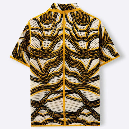 Khaki coloured short sleeve cardigan with retro stripes and textured flocking detail.