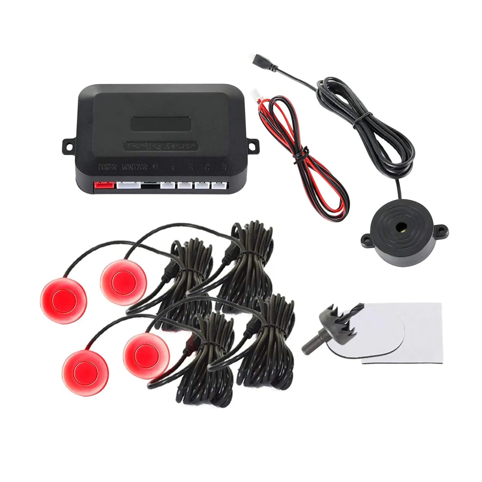 4-probe buzzer reversing radar kit with sensors, control module, and hole saw.