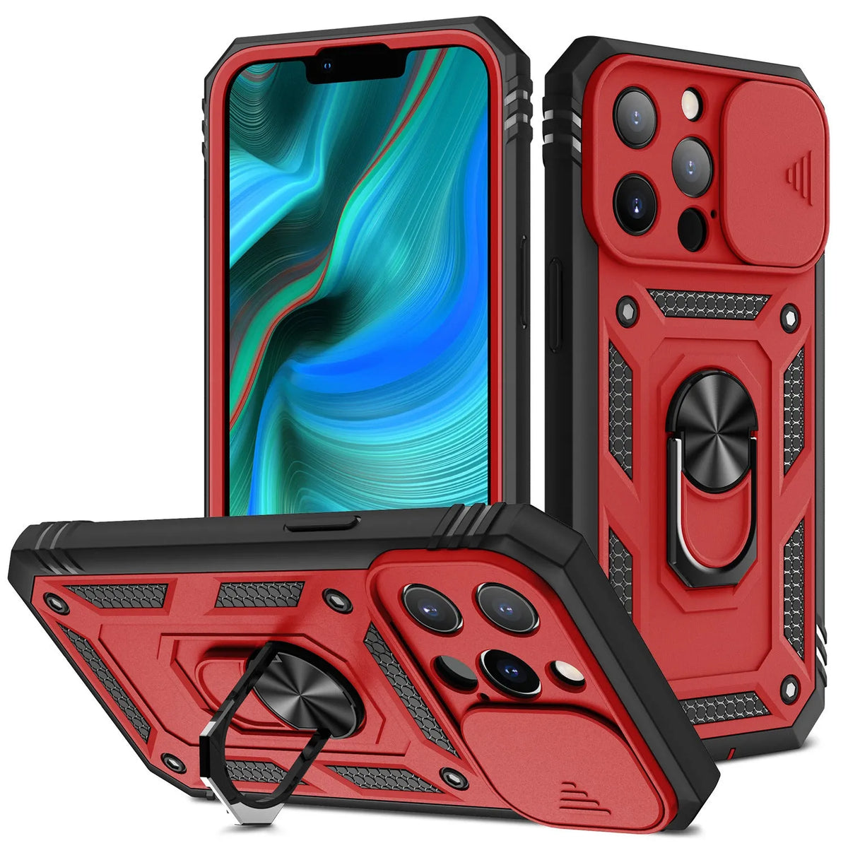 Magnetic iPhone case with sliding window bracket in sapphire blue colour showing adjustable viewing angle