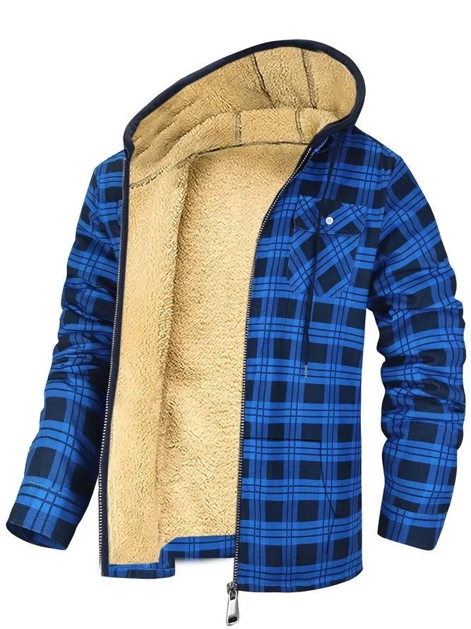 Men's plaid print hooded zip-up jacket with thickened cotton padding for winter warmth