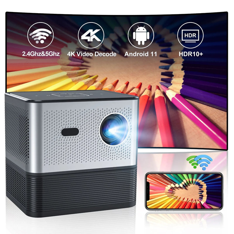 Mini Projector 720p HD 1280x720 150 ANSI Lumens 58W Electric Focus 2GB 16GB Home Cinema Office Living Room Bedroom Silver UK Plug