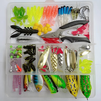 Lure Suit 142-piece fishing tackle set showing hard mino lures, sequins, and metal components arranged for display